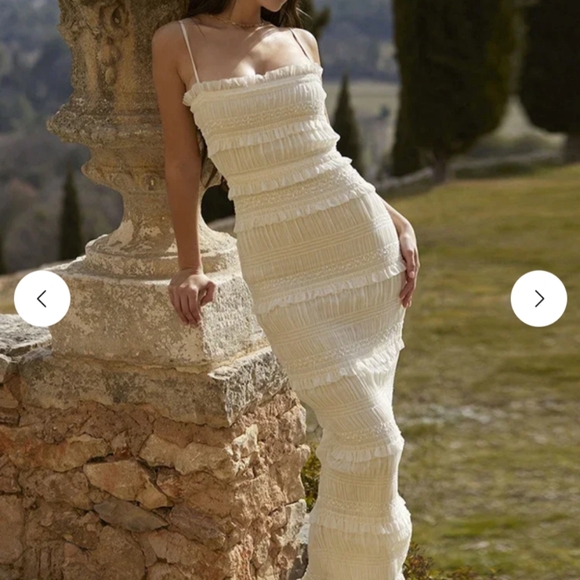 Lyrical Elegance Ruched Ruffle Ivory White Maxi Dress - Picture 3 of 9